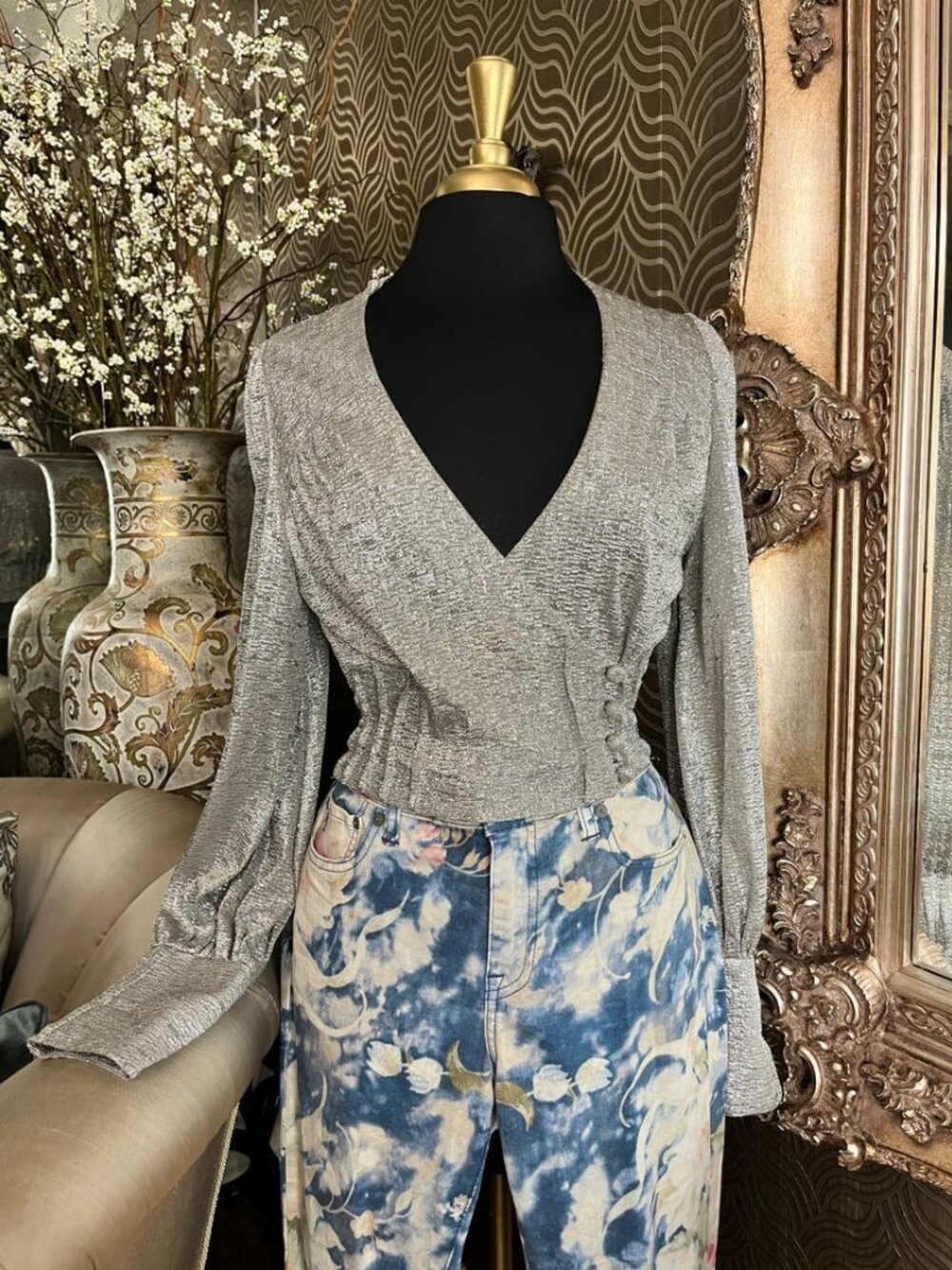Vintage Alexanders silver metallic side bottons blouse